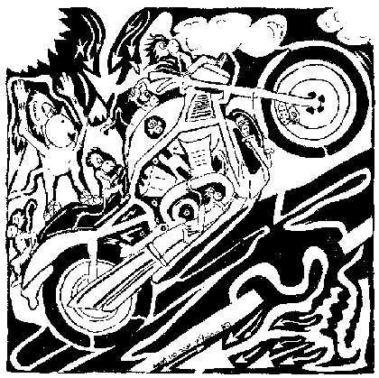 maze comics, team of monkeys poping a wheely on a motorcycle