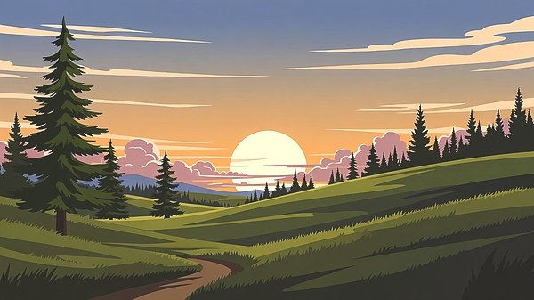 Team of Monkeys art print, serene sunset over rolling hills